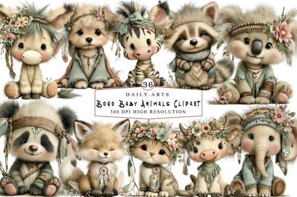 Download Whimsical Boho Baby Animals Clipart - Baby animals clipart Collection