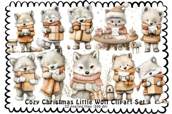 Download Cozy Christmas Little Wolf Clipart Set - Premium Bundle